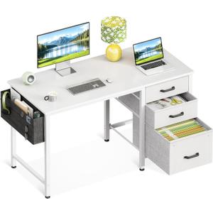Casaottima 40 Inch Small Home Office Computer Desk for Bedroom with Fabric Drawers & File Cabinet, Cloth Storage Bag and Hook, Writing Study Work Desk for Small Space, Snow White