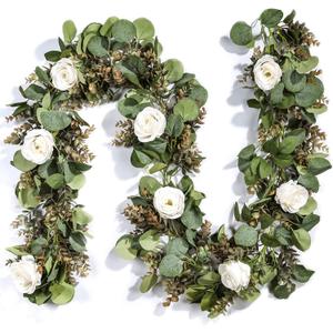 Miracliy Eucalyptus Garland with Flowers, 6.5ft Aritficial White Rose Vine Silk Encanto Flower Garland, Lush Natural Looking Greenery for Wedding Table Mantle Wall Backdrop Room Tea Party Decor