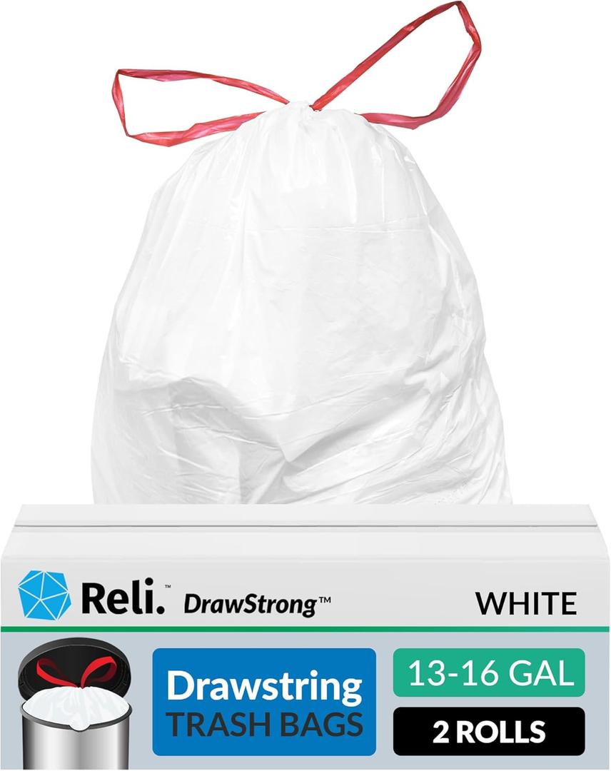 Reli. Drawstring Trash Garbage Bags, Tall Kitchen, 250 Count Bulk, White, 13 Gallon - 16 Gallon Capacity