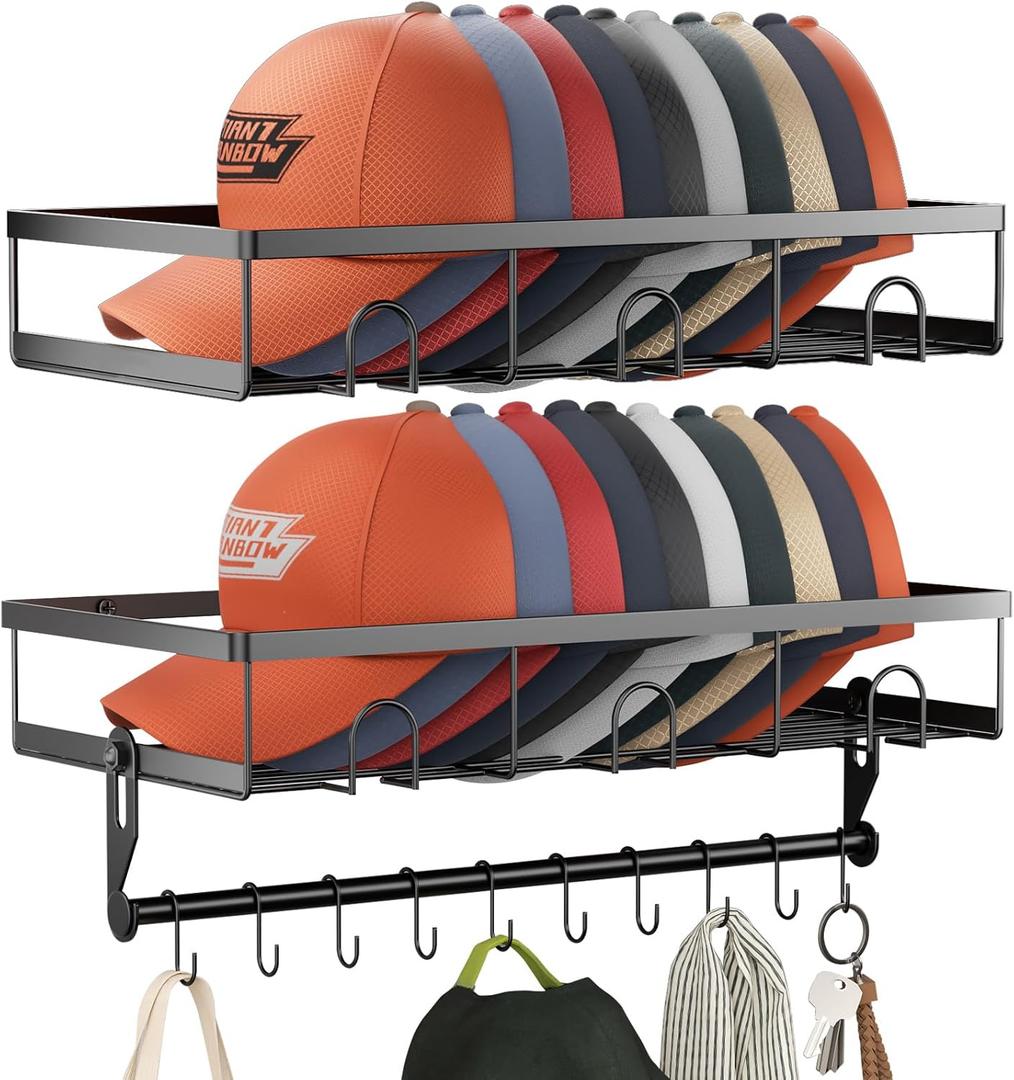 fanado Metal Hat Rack for Wall, Each Hat Organizer for Baseball Caps Fit 20 Caps Holder with 10 Hat Hanger, 2 Pack Wall mounted Hat storage holder display, Black