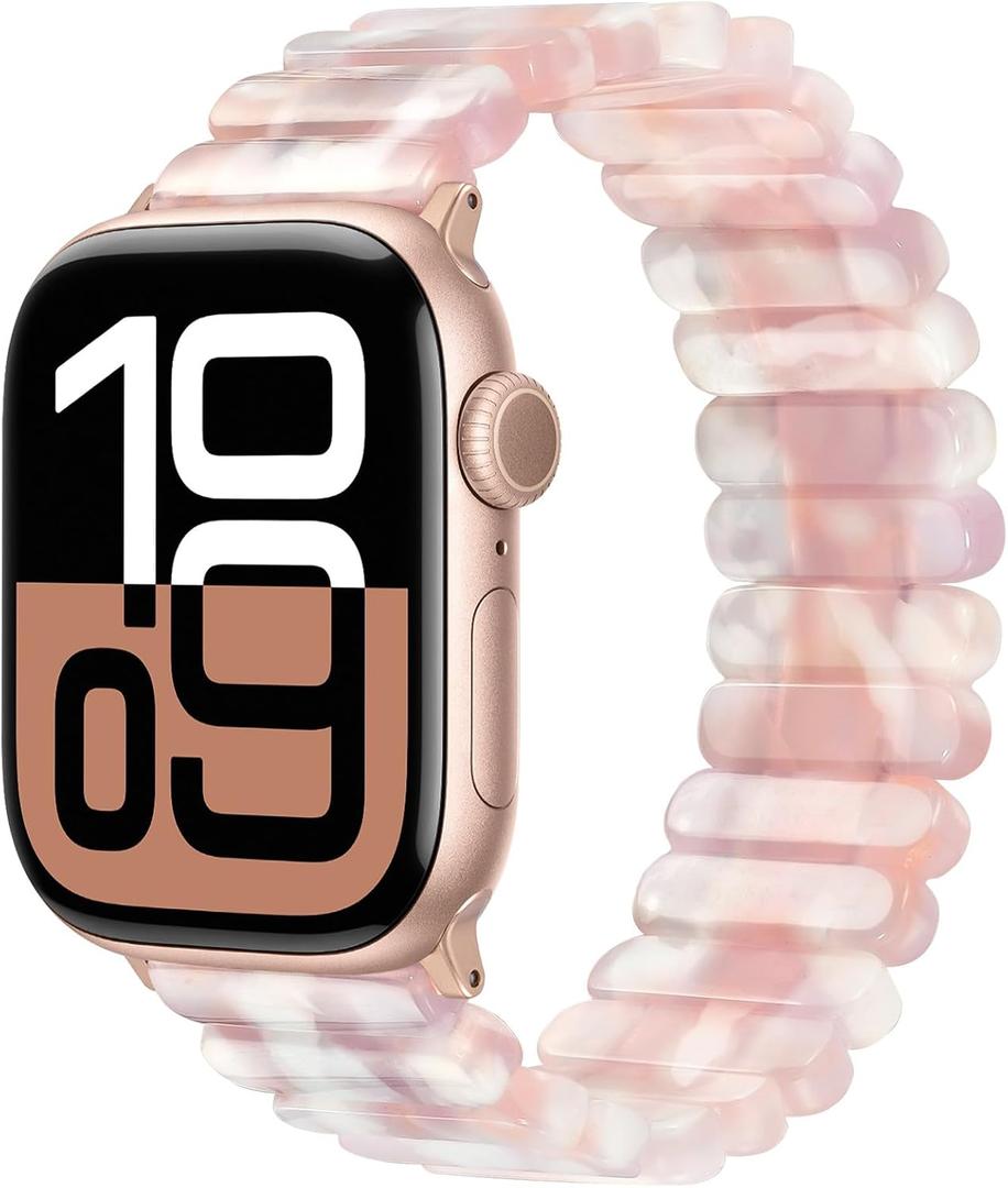 V-MORO Resin Stretchy Band Compatible with Apple Watch 38/40/41mm, 42/44/45/46/49mm Fashion Cute Strap for iWatch 10/9/8/7/6/5/4/3/2/1/SE Lightweight Elastic Bracelet Wristband Women,S/M SIZE (Floral Pink- Rose Gold)