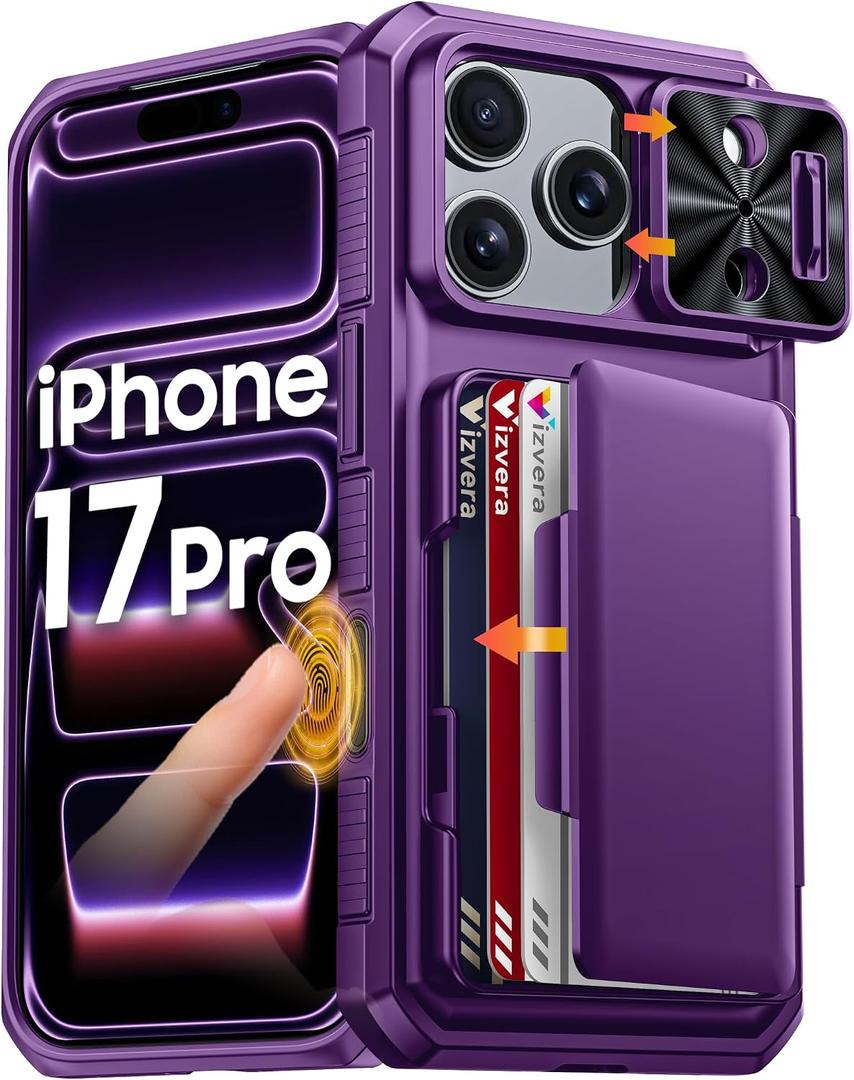Vizvera for iPhone 17 Pro Case Wallet RFlD [Cards Holder][Camera Control][Camera Cover] Full Body Rugged Shockproof Silicone Protective Phone Case for iPhone 17 Pro 6.3'' 2025(Purple)