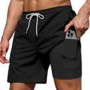 COOFANDY Men's 7" Swim Trunks with Compression Liner Stretch Swimming Shorts with Zipper Pockets (Black, M)