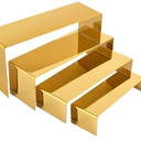 PROFIKLA 4 Pcs Gold Stainless Steel Display Risers, Display Stand for Cupcake Dessert Perfume Purse Handbag Shoe Jewelry and Funko Pop