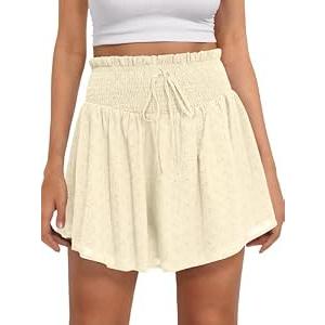 Caracilia Womens Summer Eyelet Mini Skirts High Waist Smocked Layered Ruffle Cute Boho Short Skorts 2026 Casual Beach Outfits Beige Small