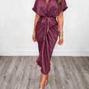 BTFBM Dresses for Women Summer Button Short Sleeve Silk Satin Ruched Spring Maxi Dress 2026 Cocktail Party Wedding (Pink, M)