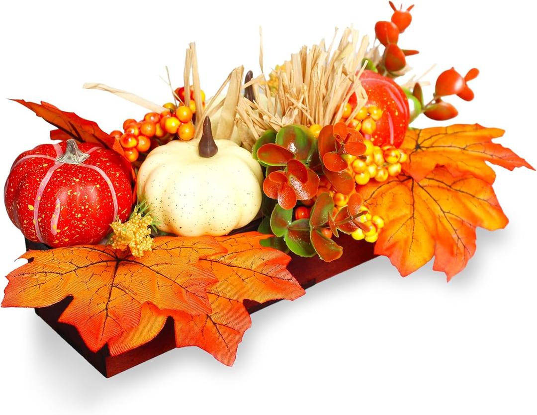 Wowagoga Fall Table Centerpiece Fall Floral Artificial Autumn Pumpkin Maple Leaf Berry Decoration Thanksgiving Centerpieces for Dining Table