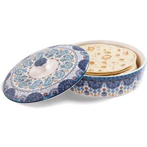 Bico Blue Talavera Ceramic Tortilla Warmer, 8.9 Inch Tortilla Holder with Lid for Taco Bread Pancake for Mexican Night and Party, Microwave and Dishwasher Safe