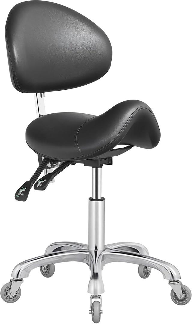 Ergonomic Saddle Stool with Adjustable Height & Backrest, 360 Swivel Rolling Wheels for Office, Dental, Salon Spa, Tattoo - Support for Estheticians, Stylists & Professionals