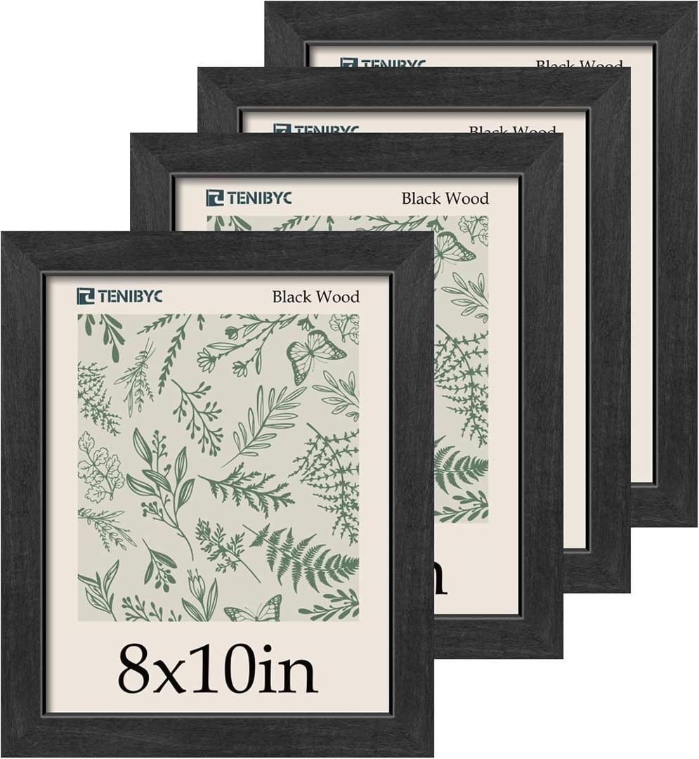 8x10 Picture Frame 4 Pack, Black Wooden Textured, HD Tempered Glass, Gallery Photo Frame, Table or Wall Display
