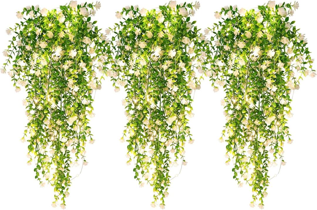 RECUTMS 3 Pcs Hanging Fake Plants Fake Vines Artificial Plants Large Faux Hanging Plant with 30 LED String Light, Artificial Greenery Wall Indoor Outdoor(White)