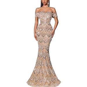Women Off Shoulder Sequin Mermaid Evening Dress Lace Up Back Formal Gown Beaded Bodycon Prom Dress Party Wedding Guest (Large, #1 Champagne)