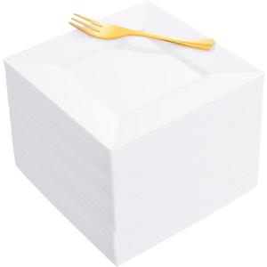 200 Pcs Elegant Square White Plastic Dessert Plates & Gold Forks Set - 100 Disposable Appetizer Plates and 100 Forks Combo - 6.5" Heavy Duty Cake Plates for Wedding, Party & Catering - BPA-Free