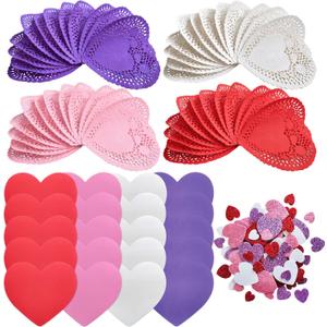 mufanyu 200 Pcs Valentines Day Crafts Gifts Set with 100 Heart Doilies, 20 Foam Hearts, 2 Bags Valentine Foam Stickers, DIY Crafts Scrapbook Supplies, 4 Colors