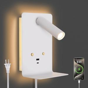 ZEROUNO LED Wall Lamp with USB-C/A Ports & Adjustable Headboard - Dimmable Reading Light, Backlight Night Wall Mounted, Touch Control Bedroom Lighting for Bedside, Living Room, Study, Hallway (White)