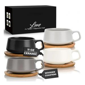 MIAMIO-11 Oz., Set of 4 Ceramic Tea Cup and Saucer Bamboo/Tea Mug - Wide Cappuccino Cup, Coffee Cups Ceramic Mug for Cappuccino, Latte, Espresso. & Americano -Luxe Collection (Classic Pastel)