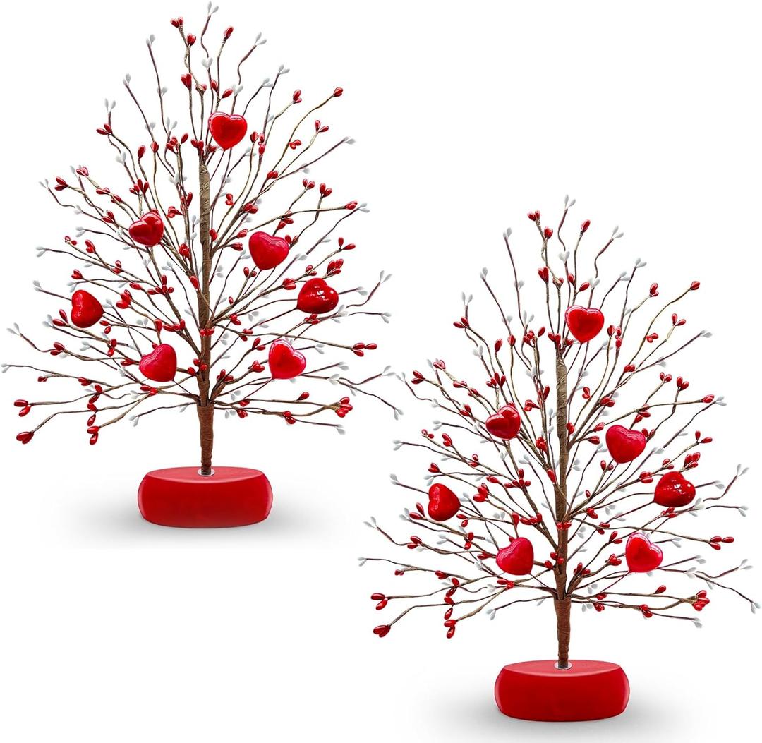 TURNMEON 2 Pack Valentines Day Tree Valentine's Day Decoration, Each with 7 Red 3D Heart Ornaments 378 Floral Berry Blossom 15 Inch Tabletop Artificial Tree Valentines Centerpiece for Table Room Home
