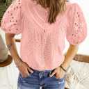 BETTE BOUTIK Women's Long Short Sleeve Tops 2025 Dressy Casual Button Hollow Out Lace Embroidered Blouses Shirts (Pink, M)