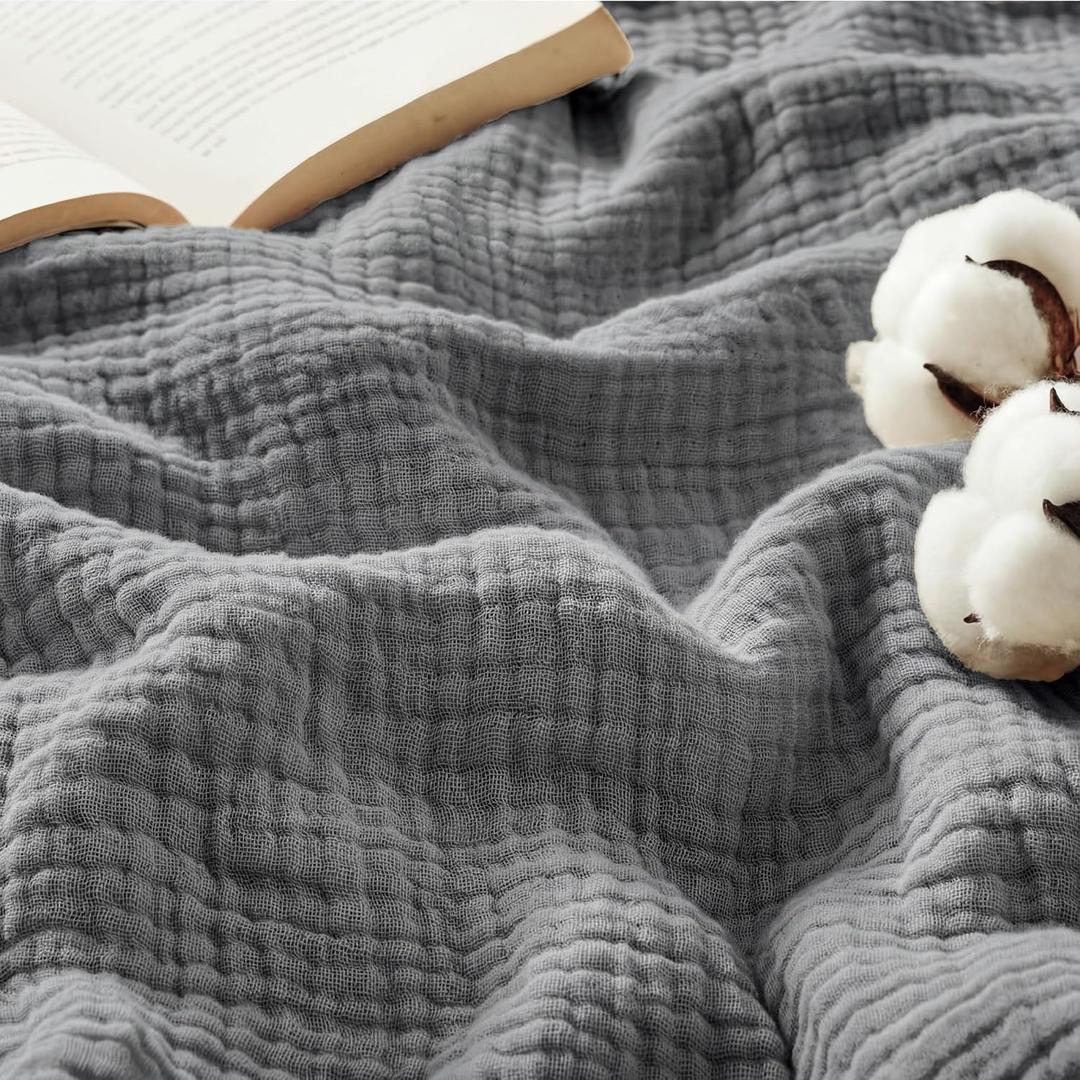 Bedsure 100% Cotton Muslin Throw Blanket Twin XL for Bed - 4-Layer Breathable and Lightweight Thin Soft Summer Gauze Muslin Blankets for Adults, Grey, 66x90 Inches