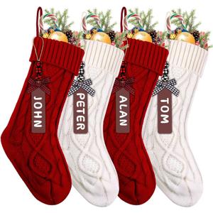 XIMISHOP 4PCS Christmas Stockings, 18inch Large Personalized Cable Knitted Xmas Hanging Stocking Decorations with Name Tags for Holiday Christmas Party Family Decor (Red and White)