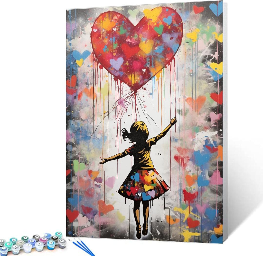 Tucocoo Love Balloon Paint by Numbers Kits with Brushes and Acrylic Pigment on Canvas Painting for Adults, Banksy Little Girl Street Picture for Home Wall Decor Gifts 16''x20'' (DIY Framed) (Artwork-7)