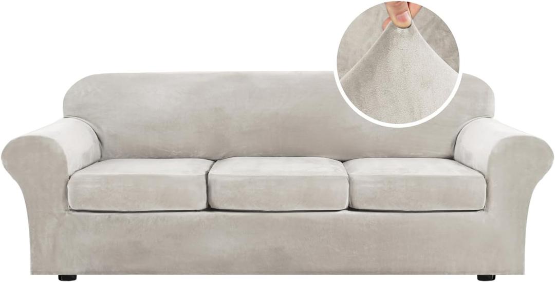 H.VERSAILTEX High Stretch Sofa Slipcover 4 Piece Cover Velvet Furniture Protector Form Fit Thick Velvet Extra Large Sofa Cover for 3 Cushion Couch Width Up to 97 Inch (Large Sofa, Oatmeal)