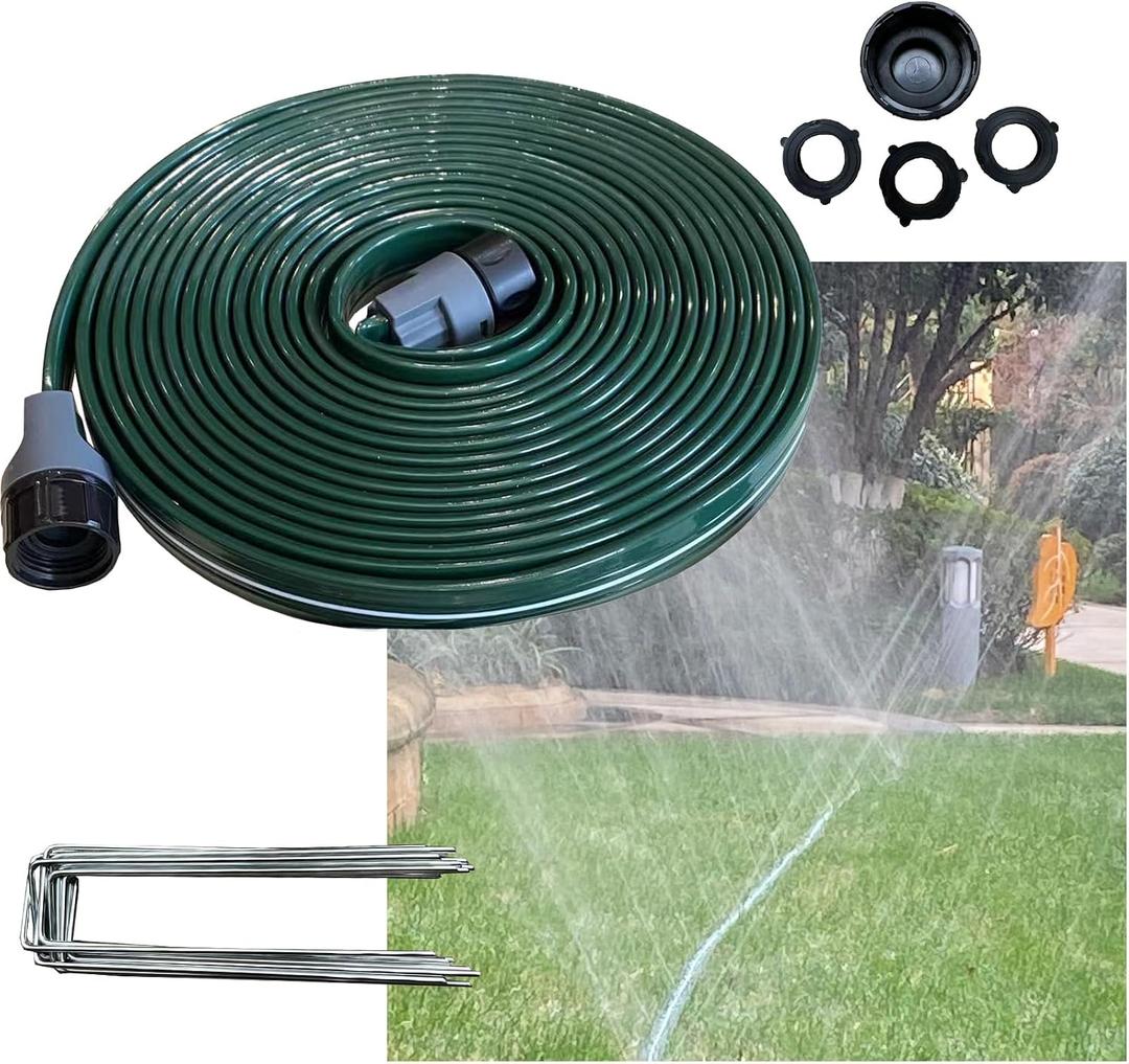 Watoo 2026 Sprinkler Hose & Soaker Hose for Yard - 25 FT Reinforced Flat Garden Hose with Holes, Heavy Duty No-Kink Lawn Irrigation Hose (Includes Stakes, High Pressure Spray)