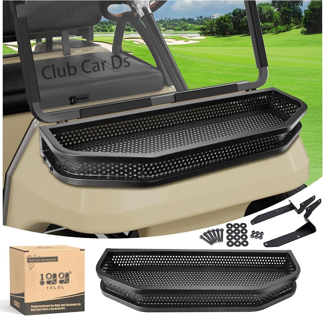 10L0L Golf Cart Front Cargo Basket for EZGO TXT/RXVClub Car DS/PrecedentYamaha G22/G29 - Heavy-Duty Steel Mesh Storage Rack, Gas/Electric Compatible
