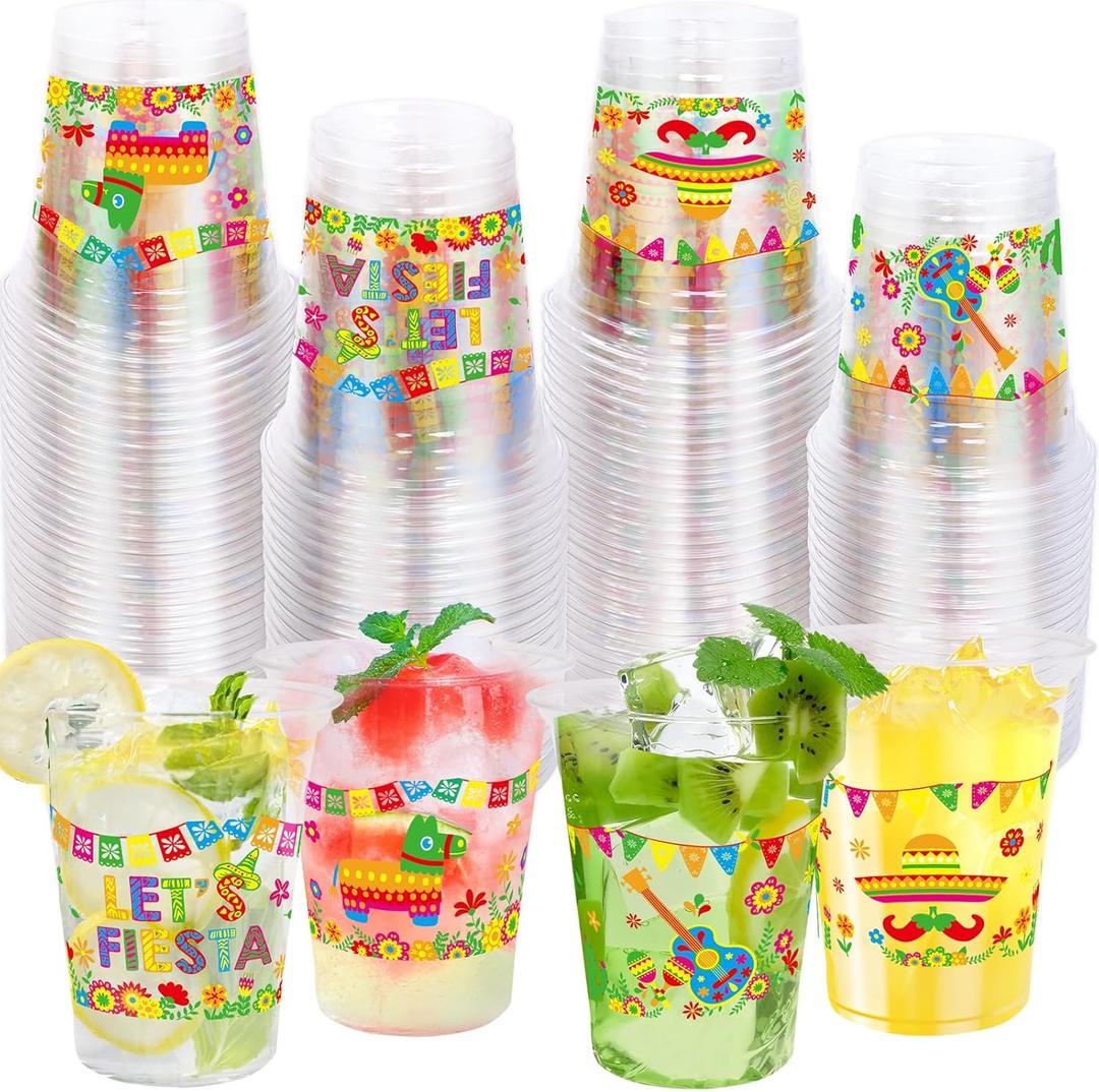 WorldBazaar 100 Pack Fiesta Plastic Cups 12oz Cinco De Mayo Disposable Party Cups for Mexican Taco Birthday Summer BBQ Party Decorations