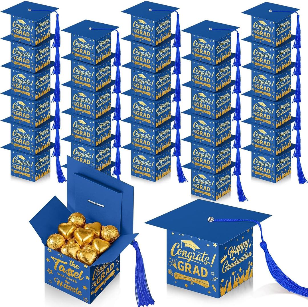 TaoBary 30 Pcs Graduation Cap Candy Box 2026 Graduation Decorations Party Favors Gifts Grad Cap Box with Tassel for Candy Chocolate Biscuit Supplies(Blue)
