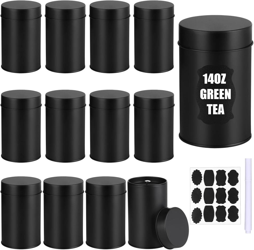 12Pcs Tea Tin Canisters with Airtight Double Lids, 14oz Round Black Metal Tea Tin Cans Sealed Small Kitchen Container Storage for Loose Leaf Tea Coffee Sugar Candy Spices
