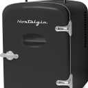 Nostalgia Retro Mini Fridge and Heater - 6-Can Capacity, 12-Volt Power Adapter, Carry Handle and Display Window - Perfect for Home, Office, Car, or Dorm Room - Black