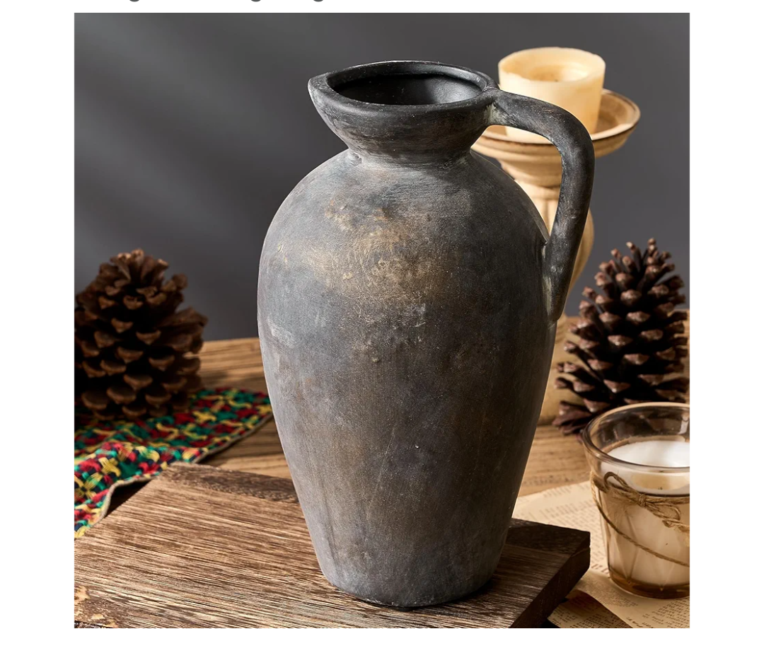 Antique Rustic Ceramic Vase, 9.3 Inch Tall Large Terracotta Vase with Handle, Vintage Farmhouse Pottery Vase for Home Decor, Living Room, Entryway, Wedding, Thanksgiving - Black Bronze