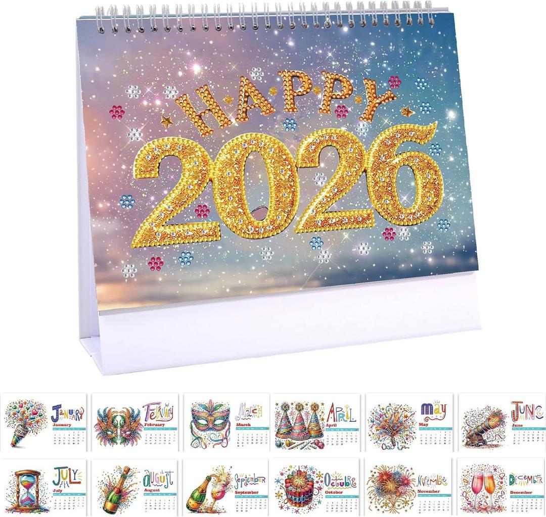 Diamond Art Painting Desk Calendar 2026 Monthly Flip Tabletop Calendar Kit for Home Office Planning Desktop Ornament DIY Craft Gift (2026-C)
