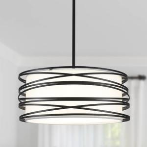 16" Black Drum Pendant Lighting Kitchen Island 3-Light Modern Farmhouse Chandelier with White Fabric Shade Rustic Hanging Light Fixtures for Dining Room Hallway Bedroom Foyer