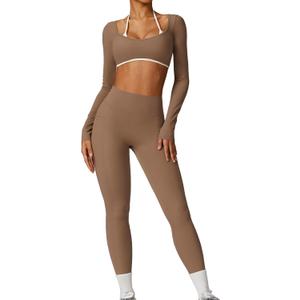 Workout Sets for Women 2 Piece Outfits Seamless High Waist Leggings Yoga Long Sleeve Crop Tops Athletic Gym Sets (X-Small, Brown)