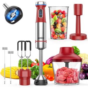 Ganiza Immersion Blender Handheld, 6 in 1 Hand Blender Stainless Steel Blade, 15 Speed Stick Blenders, 800ml Mixing Beaker, 600ml Chopper, Whisk, Frother, Potato Masher, Red