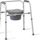 Medline 3-in-1 Steel Adjustable Bedside Commode w/ Microban Protection, Portable Bedside Toilet, 350 lb. Weight Capacity, Removable 7.5 QT. Bucket, Toilet Chair For Elderly, Tool-Free Assembly, Gray