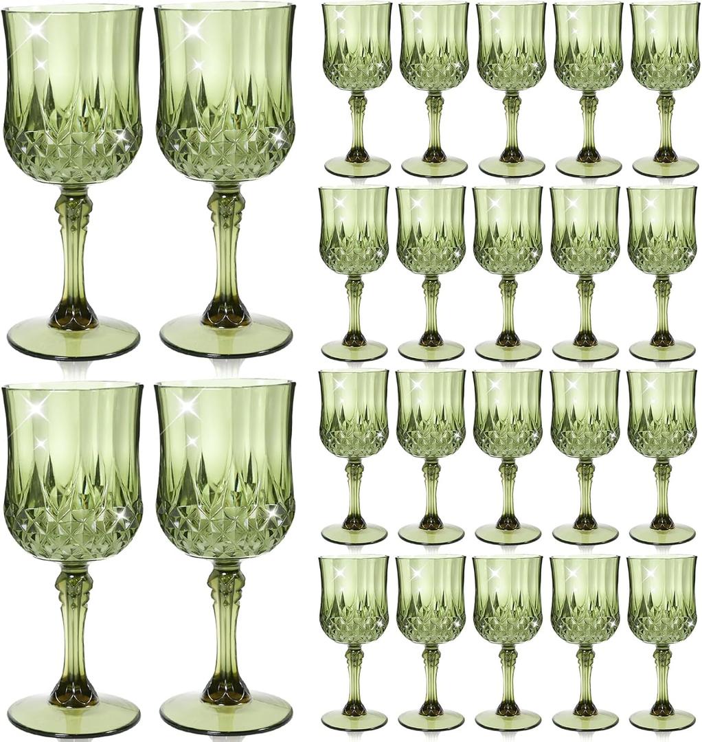 24 Pcs Plastic Green  Drinking Glasses, Plastic Water Goblets Green Vintage Reusable Drinkware Vintage Champagne glassware for Wedding Reception Grand Event Party, 7oz