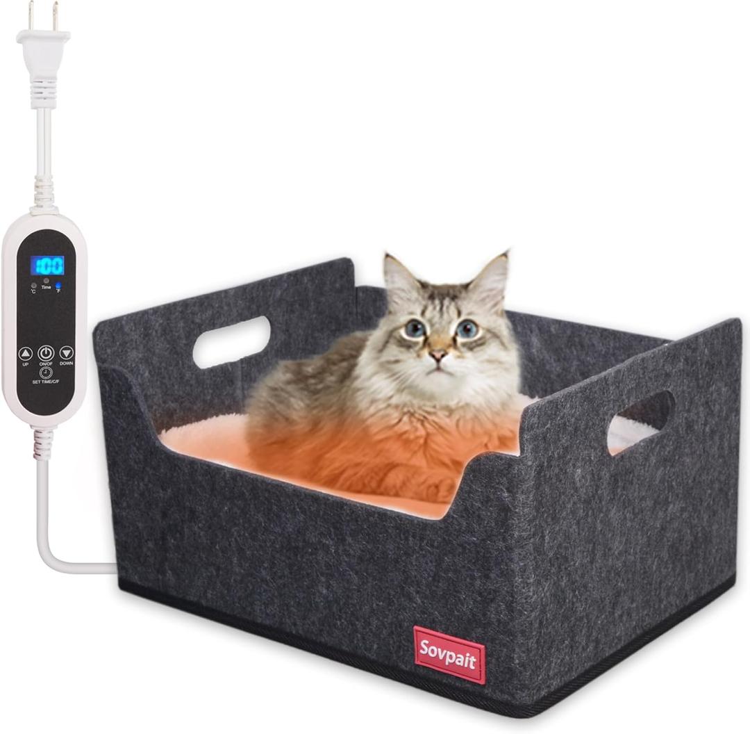 Heated Cat Bed for Indoor Cats Heated Pet Bed for Indoor Cats and Small Dogs,with Multi-Functio Heating Pet Pad Wool Felt Shell and Washable Cushion Bed -15.5L*11W*8H inch Black Grey