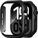 4 x 2 Pack Case for Apple Watch Screen Protector, Hard PC Case with Tempered Glass Protective Cover Guard Bumper, Slim Apple Watch Cover for iWatch Series 11 Series 10 - Black/Black 46mm