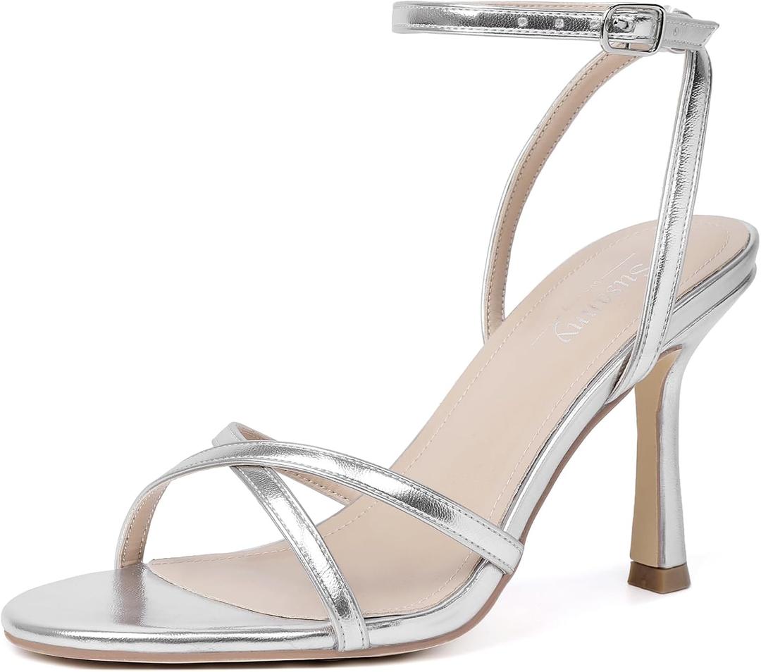 Mostrin Silver Strappy Heels for Women Lace Up Ankle Strap Round Open Toe Stiletto High Heels Women's Heeled Sandals for Prom, Party, Daily Wedding Bridal Shoes, Size 8.5