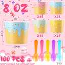 100 Pack 8 oz Ice Cream Cups with Spoons Paper Dessert Cups Colorful Sundae Bowls Disposable Ice Cream Containers for Hot Soup Spring Summer Graduation Bar Party Supplies