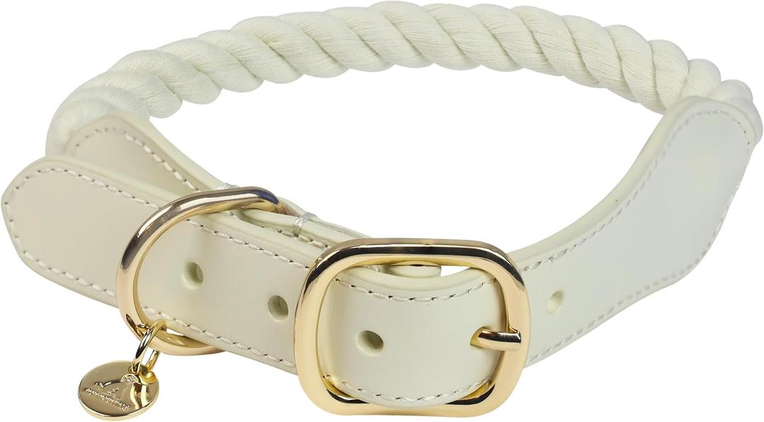 Braided Cotton Rope Dog Collar for Medium Dogs (Creamy White, 15"-18"), Adjustable Dog Rope Collar with Metal Buckle Bag