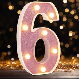 LED Marquee Numbers, Small Light Up Numbers for Party, 8.58 Inch Battery Powered Lighted Number for Birthday, Night Light, Table or Home Decor (Pink Glitter, Number 6)