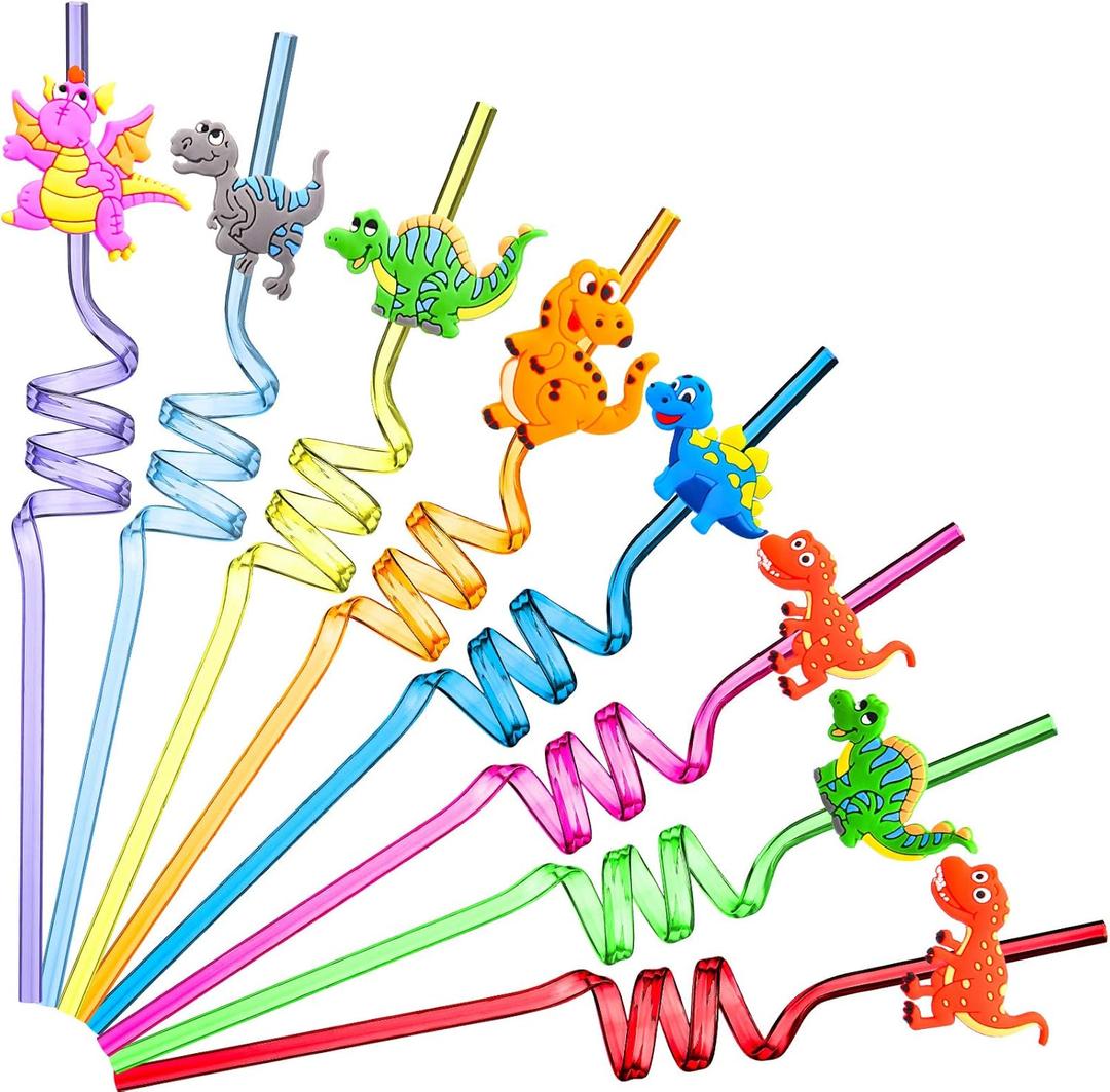 Patelai 24 Pieces Reusable Dinosaur Straws Dino Silly Fun Twisty Crazy Straws for Kids Dinosaur Birthday Party Favors Decorations 8 Styles