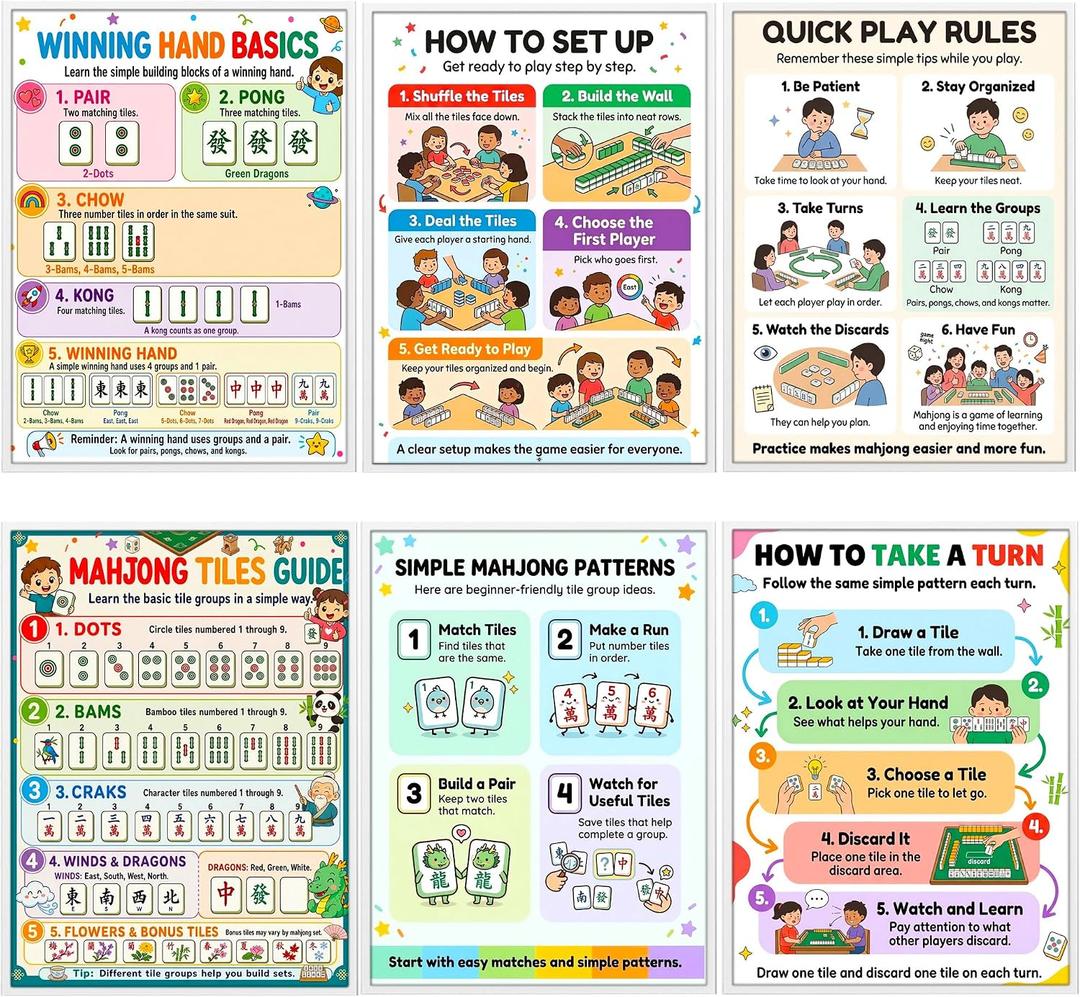 Mahjong Guide Posters, Set of 6, 8.5 X 11 Inches