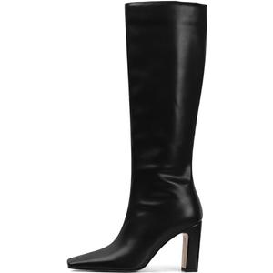 Lovee Cosee Black Leather Boots for Women Knee High Tall Boots for Women Square Toe Chunky Heels Wide Calf Block Heeled Dress Sexy Fashion Trendy Fall Wintern Boots, Size: 8