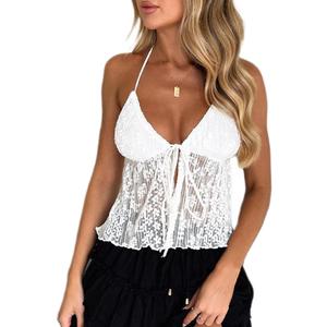 Women Y2K Lace Shirt Halter Neck Deep V Neck Crop Top Tie Front Sleeveless Strappy Cami Shirt Streetwear S