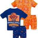 DAUGHTER QUEEN Boys Summer Pajamas Set 2 Pieces 100% Cotton Sleepwear Size 18 Months-12 Years (7, 4pcs-navy/Orange-basketball-sba24)